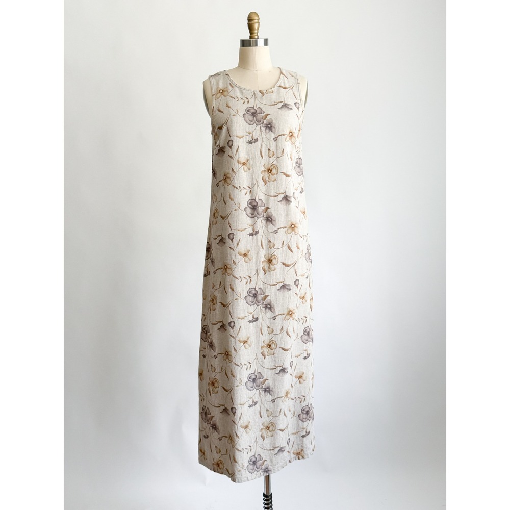 Vintage Blue Maxi Dress Floral Linen Blend 90s Shift Sleeveless Tan Purple‎ S
